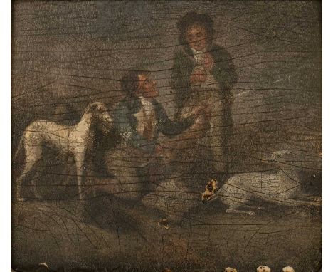 English school (early 19th century)A coursing party with huntsmen, two greyhounds and dead hare, oil on board laid to panel, 