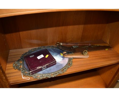 A gilt framed portrait print of a young girl; together with cased spoons; a brass and wooden handled shoe horn etc. 