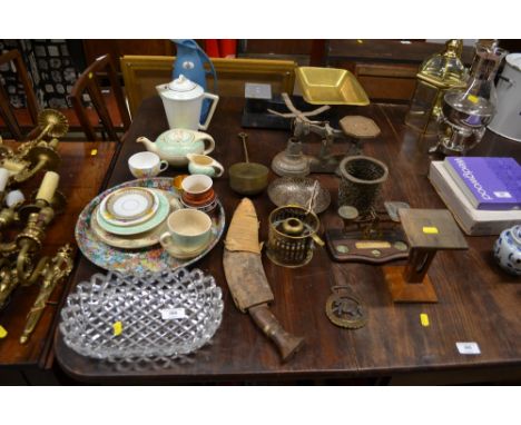 A set of postal scales; two sets of kitchen scales; a Kukri knife; various decorative china etc. 