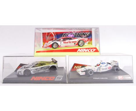 A collection of 3x original contemporary 1/32 scale Ninco plastic racing slot cars to include rally cars & F1 style cars. All