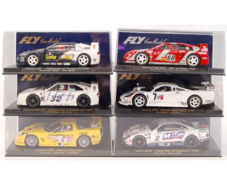 A collection of 6x original contemporary Fly Car Model 1/32 scale plastic model slot cars to include; Venturi 400 GTR, A242 V