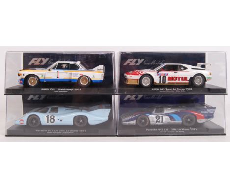 A collection of 4x original contemporary 1/32 scale Fly Car Model plastic racing slot cars to include; A689 BMW CSL, A1402 Po