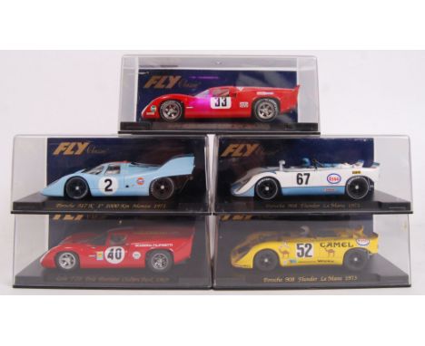 A collection of 5x original contemporary 1/32 scale Fly Car Model plastic racing slot cars to include; C35 Lola T70, C52 Pors