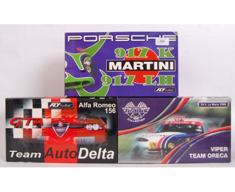 Three Fly 1:32 scale slot racing car double presentation sets. 'Porsche 917' 'Team Auto Delta' and 'Viper Team Oreca'. All ap