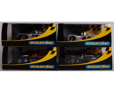 A collection of 4x original contemporary 1/32 scale Scalextric plastic racing slot cars to include; C2259 Cadillac LMP, C2258