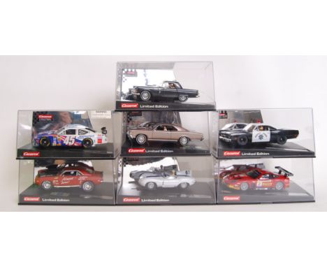 A collection of 7x original contemporary Carrera Evolution 1/32 scale plastic model slot cars to include; 25788 Chevrolet Cam