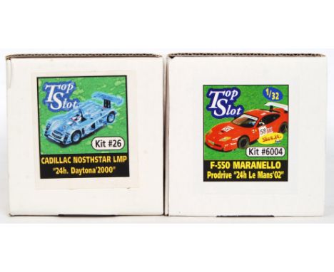 A collection of 2x original contemporary 1/32 scale Top Slot plastic racing slot car kits to include; #26 Cadillac Nosthstar 
