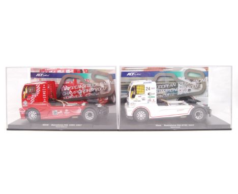 A collection of 2x original contemporary 1/32 scale Fly European Truck Racing plastic slot cars to include; 08054 Man 1400 TR
