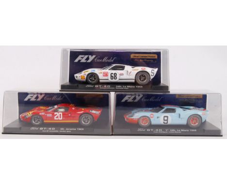 A collection of 3x original contemporary Fly Car Model 1/32 scale plastic racing slot cars to include; A183 Ford GT-40, A181 