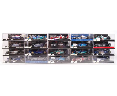 A large collection of 20x original 1/43 scale Minichamps diecast model F1 Formula One racing cars. Mint. All within their ori