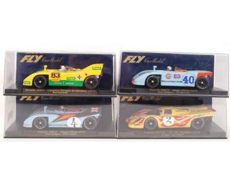 A collection of 4x original contemporary 1/32 scale Fly car Model plastic racing slot cars to include C67 Porsche 908/3, C66 