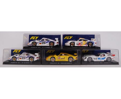 A collection of 5x original contemporary Fly 1/32 scale plastic model slot cars to include; A52 Porsche Gt1, A35 Porsche GT1,