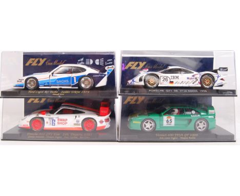 A collection of 4x original contemporary 1/32 scale Fly Car Model plastic racing slot cars to include; A141L Ford Capri RS Tu