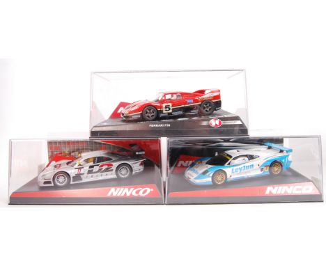 A collection of 3x original contemporary Ninco 1/32 scale plastic racing slot cars to include; 50500 Mosler MT900R & 50339 Me