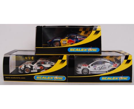 A collection of 3x original contemporary 1/32 scale Scalextric plastic racing slot cars to include; C2275 Porsche 911 GT3R, C