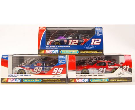 A collection of 3x original contemporary Scalextric Nascar 1/32 scale plastic slot racing cars to include; C2348 #12 Mobil Fo