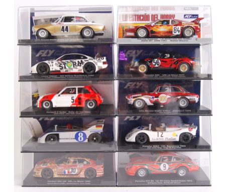 A collection of 10x original contemporary 1/32 scale Fly plastic racing slot cars to include; 88215 Alfa Romeo, 88207 Lister 