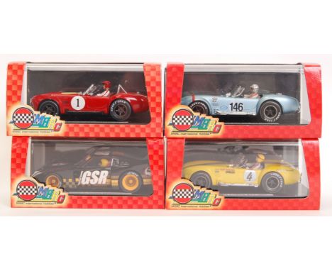 A collection of 4x original MRRC 1/32 scale model road racing slot cars to include; Mc.9918 Shelby Cobra, Mc0021 Shelby Cobra