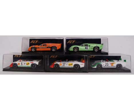 A collection of 5x original contemporary Fly Car Model 1/32 scale plastic model slot cars to include; C49 Flunder LH, C47 Flu