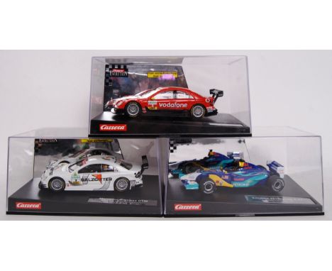 A collection of 3x original contemporary Carrera Evolution 1/32 scale plastic racing slot cars to include; 27131 Mercedes C-K