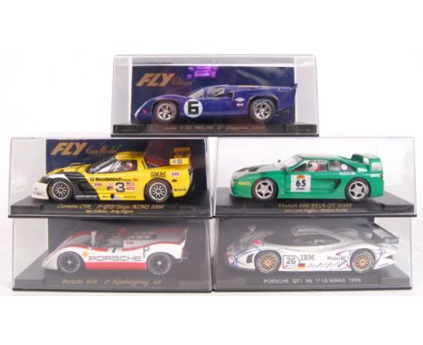 A collection of 5x original contemporary 1/32 scale Fly Car Model plastic racing slot cars to include; C31 Lola T70, A124 Cor