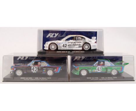 A collection of 3x original contemporary Fly Car Model 1/32 scale plastic racing slot cars to include; A621 BMW 320i E-46, A6