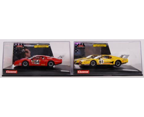 A collection of 2x original contemporary 1/32 scale Carrera Evolution plastic model slot cars to include; Ferrari 512 BB LM &