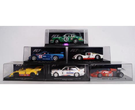 A collection of 6x original contemporary Fly Car Model 1/32 scale plastic model slot cars to include; A1701 BMW M3, 88286 Mar