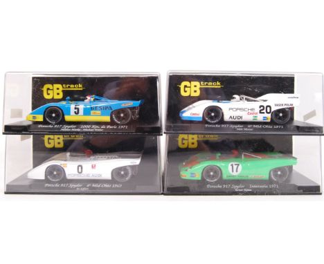 A collection of 4x original contemporary 1/32 scale GB Track plastic racing slot cars to include; GB4 Porsche 917 Spyder, GB6