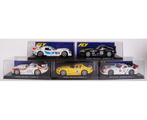 A collection of 5x original 1/32 scale Fly plastic racing slot cars to include; A64 Panoz GTR 1, A6 Viper Negro, A7 Viper Ben