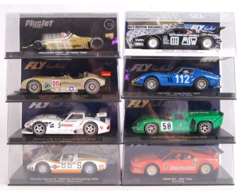 A collection of 8x original contemporary 1/32 scale Fly plastic racing slot cars to include; F01103 Williams, 99063 BMW, A222