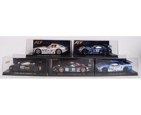 A collection of 5x original 1/32 scale Fly Car Model plastic racing slot cars to include; A81 Viper GTS R, A26 Marcos 600 LM,