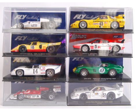 A collection of 8x original contemporary 1/32 scale Fly plastic racing slot cars to include; 88256 March, EP0011 Corvette, 88