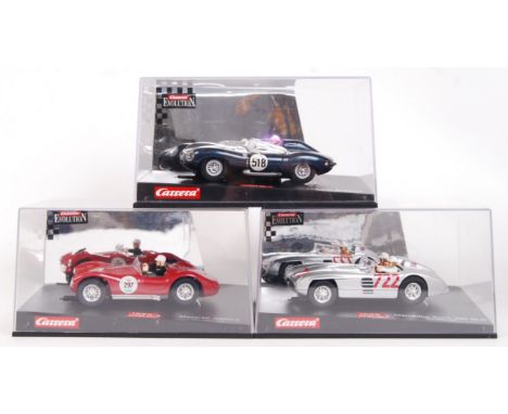 A collection of 3x original contemporary 1/32 scale Carrera Evolution '1000 MIGLIA' slot cars to include; 25462 Jaguar D-Type