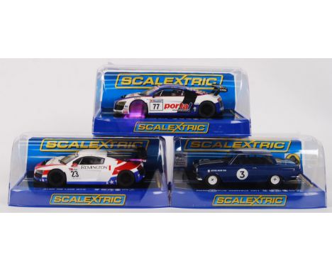 A collection of 3x original contemporary Scalextric 1/32 scale plast slot racing slot cars to include; C3286 Audi R8 LMS, C31