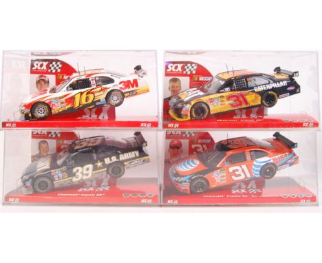 A collection of 4x original contemporary 1/32 scale SCX plastic racing slot cars to include; 63370 Ford Nascar, 64220 Chevrol