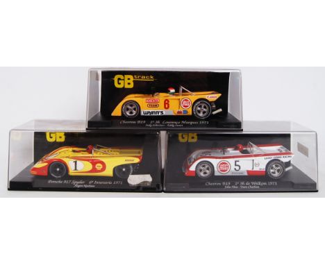 A collection of 3x original 1/32 scale GB Track plastic racing slot cars to include; GB15 Chevron B-19, GB1 Porsche 917 Spyde