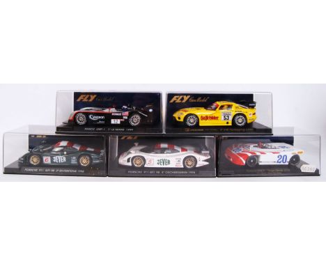 A collection of 5x original 1/32 scale Fly Car Model plastic racing slot cars to include; A91 Papnoz LMP-1, A74 Porsche GT1, 