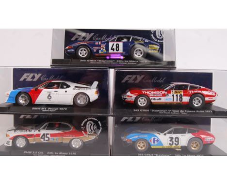 A collection of 5x original contemporary 1/32 scale Fly Car Model plastic racing slot cars to include; A657 Daytona, A655 365