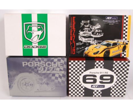 A collection of 4x Fly 1:32 scale slot racing car presentation sets; Porsche 917K, 2005 East Coast Hobby Show special, Viper 
