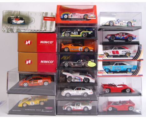 A large collection of 18x 1/32 scale contemporary boxed & branded plastic racing slot cars to include; Spirit Ferrari, SICA02