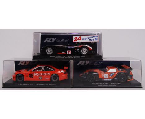 A collection of 3x original contemporary Fly Car Model 1/32 scale plastic model slot cars to include; A225 Panoz LMP-1, A280 