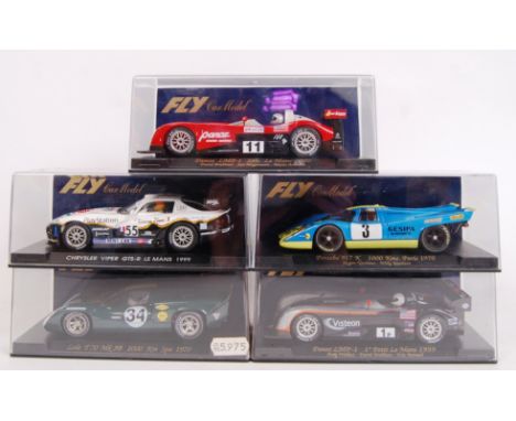 A collection of 5x original contemporary 1/32 scale Fly Car Model plastic racing slot cars to include; C83 Porsche 911, A93 P