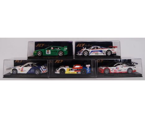 A collection of 5x original contemporary Fly Car Model 1/32 scale plastic model slot cars to include; A266 Saleen S7R, 88001 