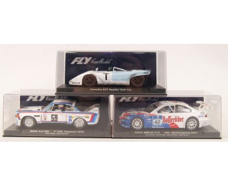 A collection of 3x original contemporary Fly Car Model 1/32 scale plastic racing slot cars to include;GB9 Porsche 917 Spyder,