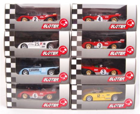 A collection of original contemporary 1/32 scale Sloter racing slot cars to include; 400201 Lola, 400105 312 PB, 400103 Monza