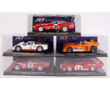 A collection of 5x original contemporary 1/32 scale Fly Car Model plastic racing slot cars to include; A656 Ferrari Daytona, 