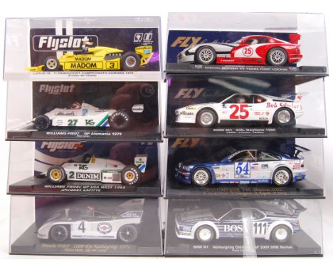 A collection of 8x original contemporary 1/32 scale various Fly Car plastic racing slot cars to include; E82, 88315, 88018, 0