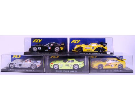 A collection of 5x original 1/32 scale Fly plastic racing slot cars to include; A62 Panoz Esperante, A3 Viper Amarilli, A63 P