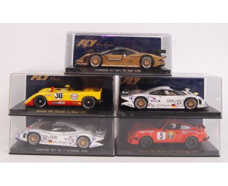 A collection of 5x original contemporary 1/32 scale Fly Car Model plastic racing slot cars to include; C44 Porsche 908, A71 P